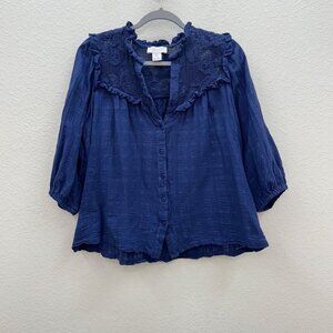 Calypso St Barth Blue Ruffle Button Up Cotton Blouse Shirt Top Womens size 1X